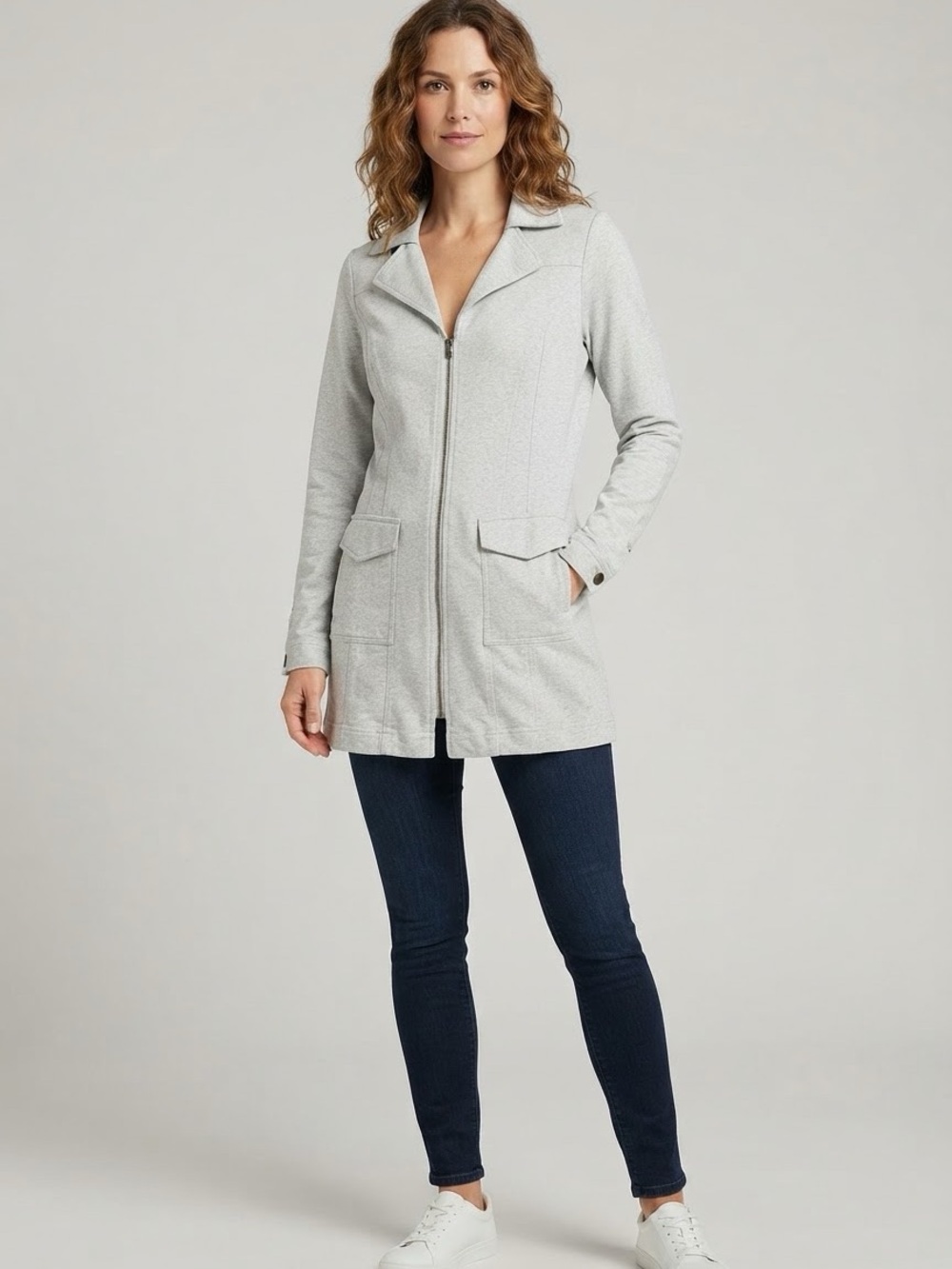 CAbi Light Gray Zip-Front Long Jacket